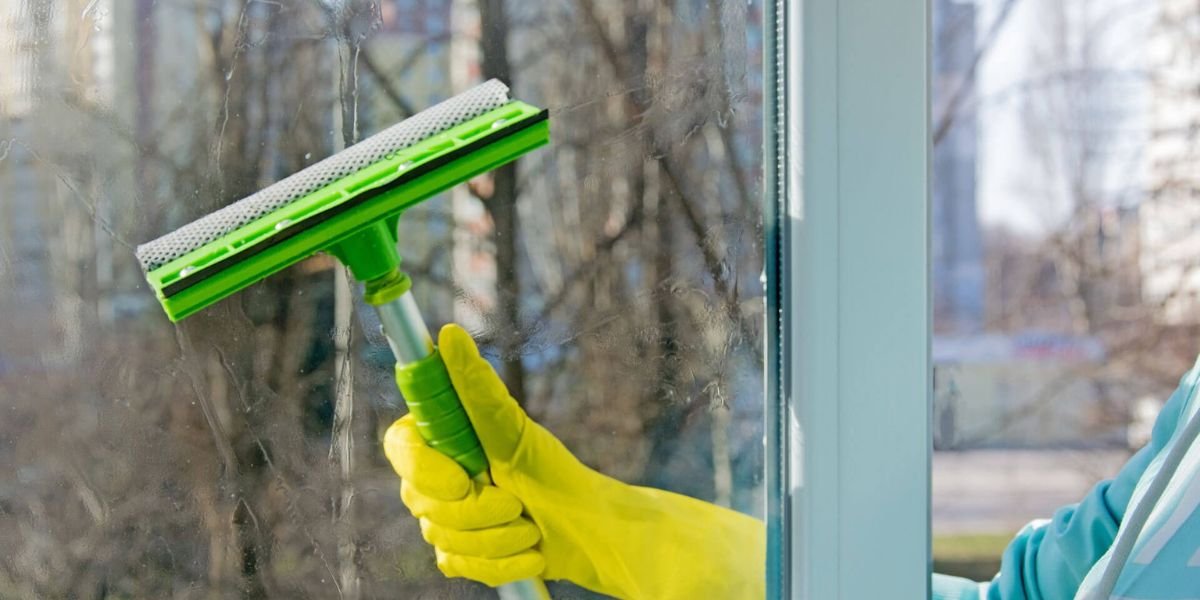 A person wearing rubber gloves meticulously cleans a residential window, highlighting the value of professional window cleaning.
