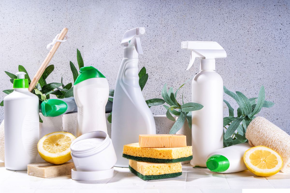  A collection of various cleaning products and supplies arranged neatly on a surface, showcasing their diverse packaging and uses.