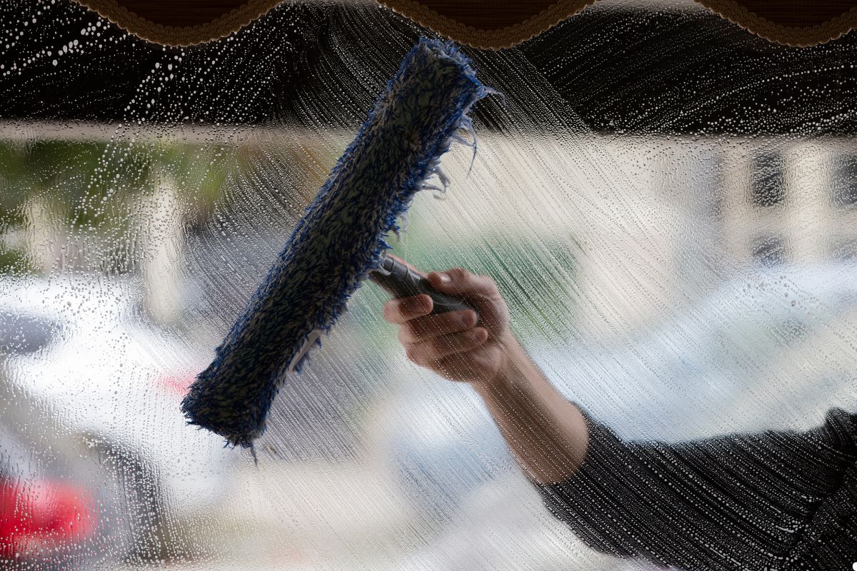 A person using a blue brush to clean a window, focusing on removing dirt and streaks for a clear view. 